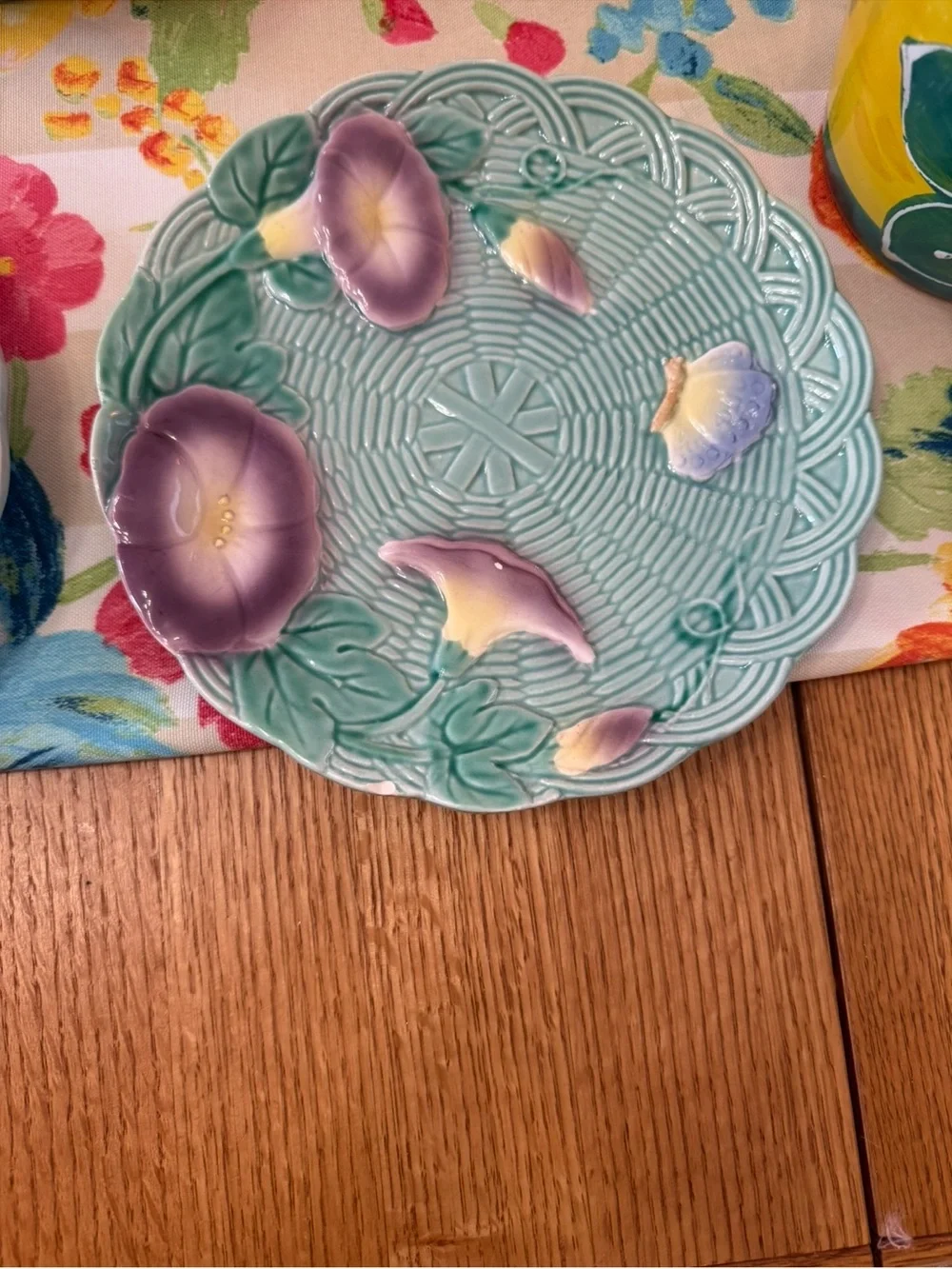 The Haldon Group Morning Glory 1989 Vintage Majolica Basket Weave Teal Set of 4
